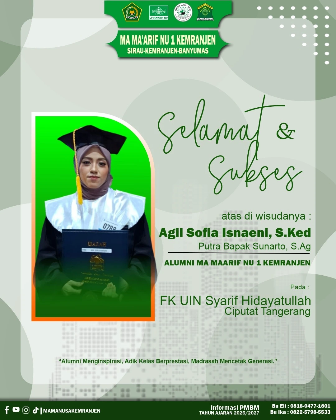 Selamat & Sukses Wisuda Alumni MA Ma’arif NU 1 Kemranjen