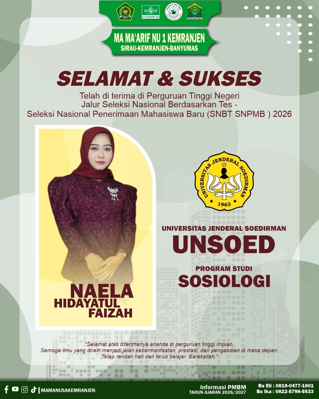 Selamat & Sukses Alumni MA Ma’arif NU 1 Kemranjen Lolos SNBT SNPMB 2026
